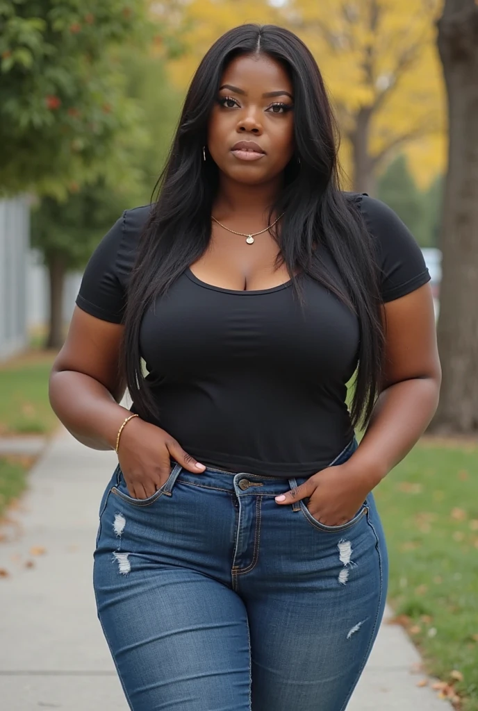 Mixed black ethnicity, curvy girl , long hair , wearing sexy red bodysuits and jeans shorts