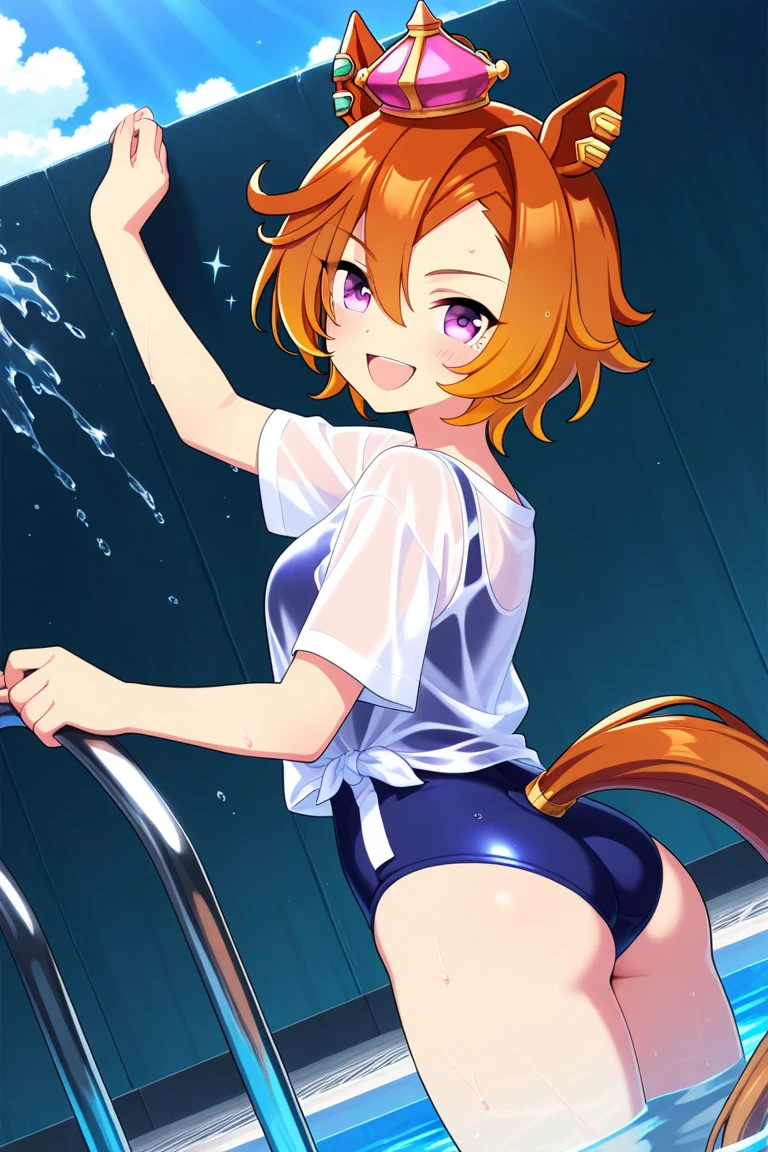 absurdres, highres, BREAK looking at viewer, full body, (from front:1.5) BREAK (vivid-color:1.3) BREAK (one girl:1.3), (loli:1.2),red hair, blue eyes, tennis uniform, hairclip, earrings, jewelry, nm1, hair ribbon, short hair, tennis cosplay, (pleated super short skirt:1.4), (thighs:1.3), large breasts, (grin, great laughter:1.3), open mouth, (folding one's arms:1.3), (breast:1.3), round eyes, (blowing in the wind:0.5), sweat around girl, dripping sweat, (((Very pretty panties))), (sit on a bench:1.3), (knee length socks:1.3), (panties focas:1.2),(two feet:1.3), open legs, looking straight,looking at viewer, perfect panty,(emphasis on the thighs), from front ceiling, breath, pov, (shiny skin:1.1), squall (wind:1.2), sense of speed, refreshing breeze, motion blur effect, wind BREAK background, 2arms, white thong