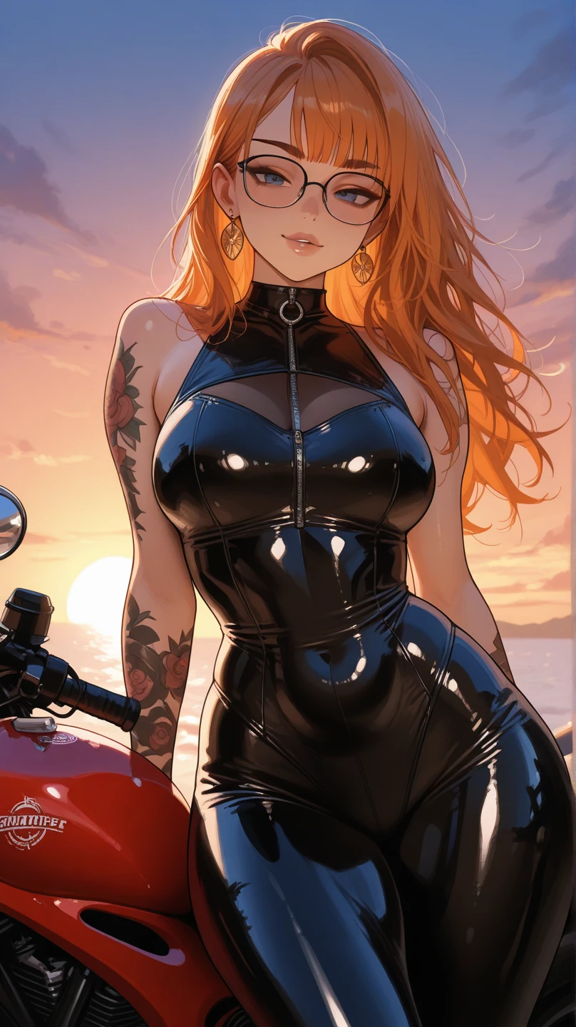 background, mixed-language_text, Japanese letters in graffit ,girls, long red hair, excellent lighting, sidelighting, (), vhsKeeper,, style GUILTY GEAR -STRIVE perfect ultimate (flat color: 1.3), (magazine_cover: 1.4), (multicolored_background: 1.3), striped_background, card_background, :: comix style by joe madureira :: circular pieces of white metals glued on the arms ultra detailed coming out sparkling shine, , perfect and detailed, ultra detailed shirt with drawing Abstract and patterned with Japanese letters in graffit on the sides of the outfit, image of girls with Big Breast, on top of a futuristic motorcycle, with immersive effects, hover effect, background style graffiti tribal tattoo with vibrant colors "HDR Ultra" detailed and with focus effect, (masterpiece: 1.2, best quality), (beautiful eyes with huge eyelashes finely detailed:  1.2), , ((Solo)), (Finely detailed eyes and detailed face :1.3), in various full-body attack poses, (cute background: 1.2),futuristic costume, Super detailed circular metals Clinging to arms and pants, fantastic paintings