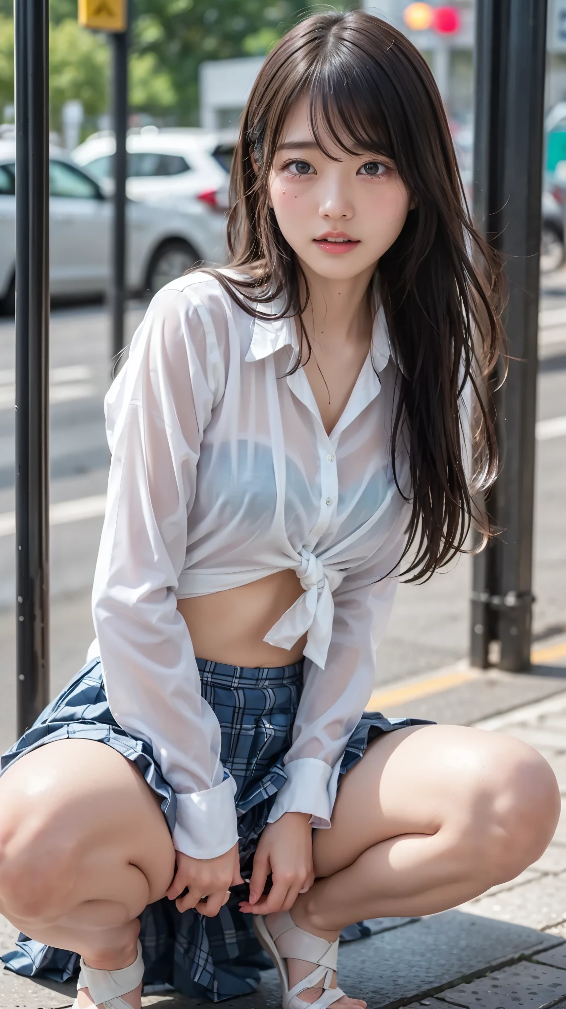 (masterpiece, highest quality:1.2), 8K, official art, RAW photo, incredibly absurd, (whole body, high school uniform:1.4), beautiful girl, 18-year-old、cute face, arch back, white shirt、navy pleated skirt, close, , long sleeve, gardenia, violaces, (frosted glass room、Steam:1.2)、look up, film grain, chromatic aberration, sharp focus, face light, dynamic lighting, cinematic lighting, detailed eyes and face, background bokeh, (taking a shower、get wet、Bubble:1.5)、apply body soap、one girl、blush、look at the viewer、(huge breasts:1.2)、wet hair、shiny hair、wet face、wet skin、wet body、wet costume、flower、hairpin、necklace、earrings、Depth of bounds written、尖ったred mouth、red mouth,clavicle、beautiful fingers、Loosen your tie、cute wet face、Clothing that gets wet and sticks to your body、Wet and sheer shirt、The shirt is transparent and the bra is clearly visible.、Put your hands behind your head、cowboy shot