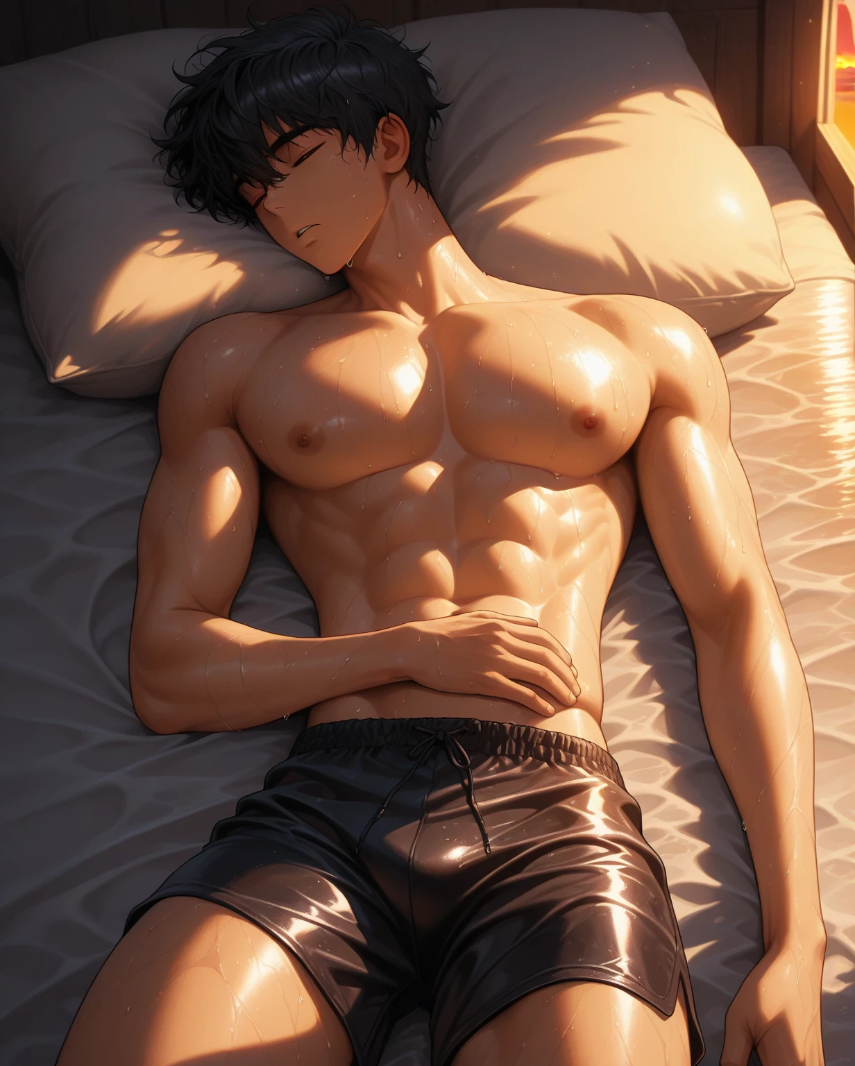 Flynn Rider from the movie Tangled, muscular, sexy, naked, underwear, muscle definition, Pectorals, bed, lying down, sunset, disney, 3D