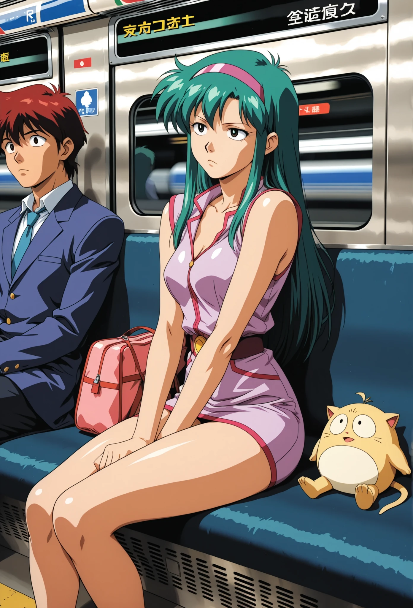Time Gal with long green hair very sitting in a crowded subway train, bored, in full view in a highly detailed anime style
