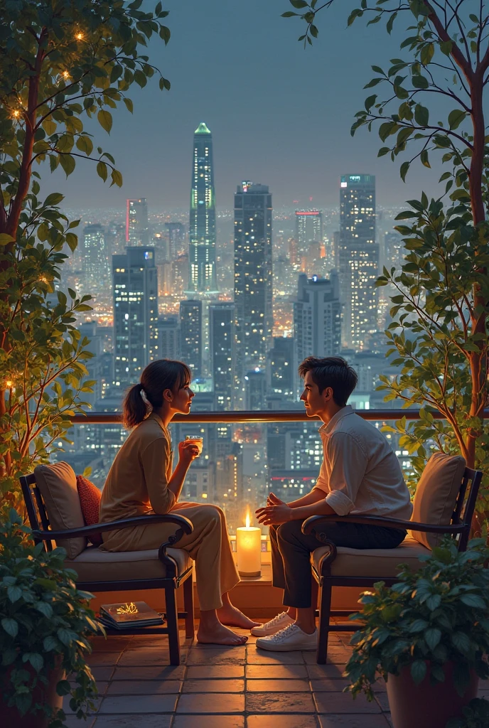 HD image in watercolor, oil painting, and modern pulp art mixed style, depicting an Indian husband and wife on a coffee date, sitting on a balcony at night in an urban city. They are looking at each other, smiling warmly, with an atmosphere of romance. The background features light-colored, plain hues that subtly contrast the night scene. The couple is in casual attire, and the scene highlights their love and connection under the city lights.