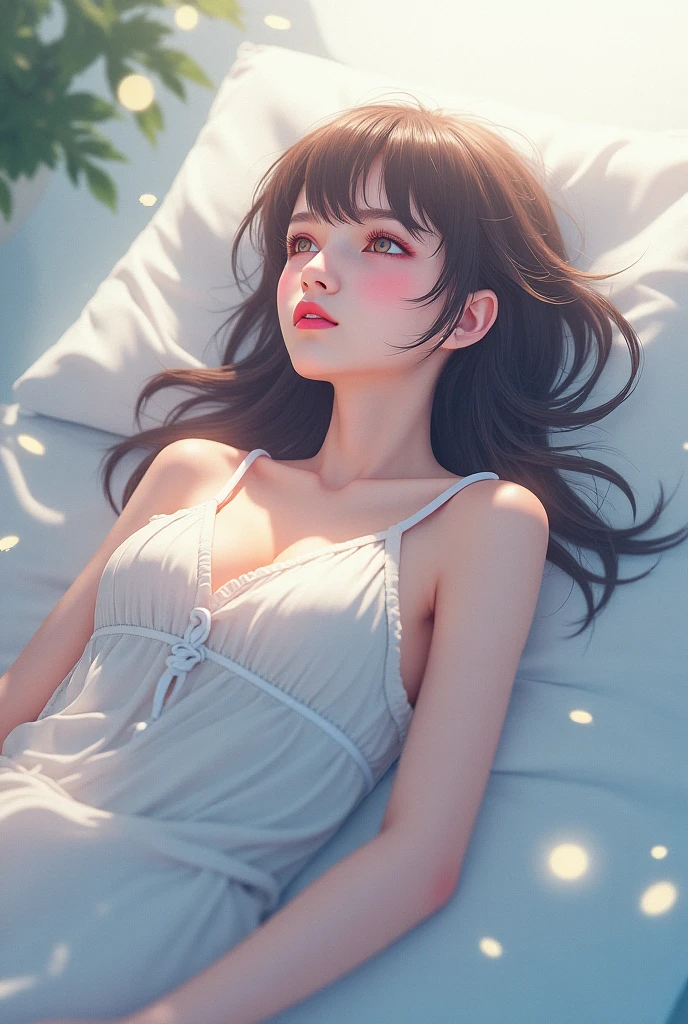 (nsfw:1.5),(((I want to see up to my kneecaps:1.5、Full body Esbian:1.5)))、masterpiece, High resolution, figure, Kyoto animation style, your name is movie style, night, midnight, light, (1 female: 1.3), (alone: 1.4), long eyelashes, short bob, nose becomes red, lying down, naked, lying on the bed、Tears are flowing、(outstretched hand:1.2)、dynamic pose、(See-through黒いランジェリー:1.7)、See-through:1.5、flat chest、(wide open legs:1.2)、