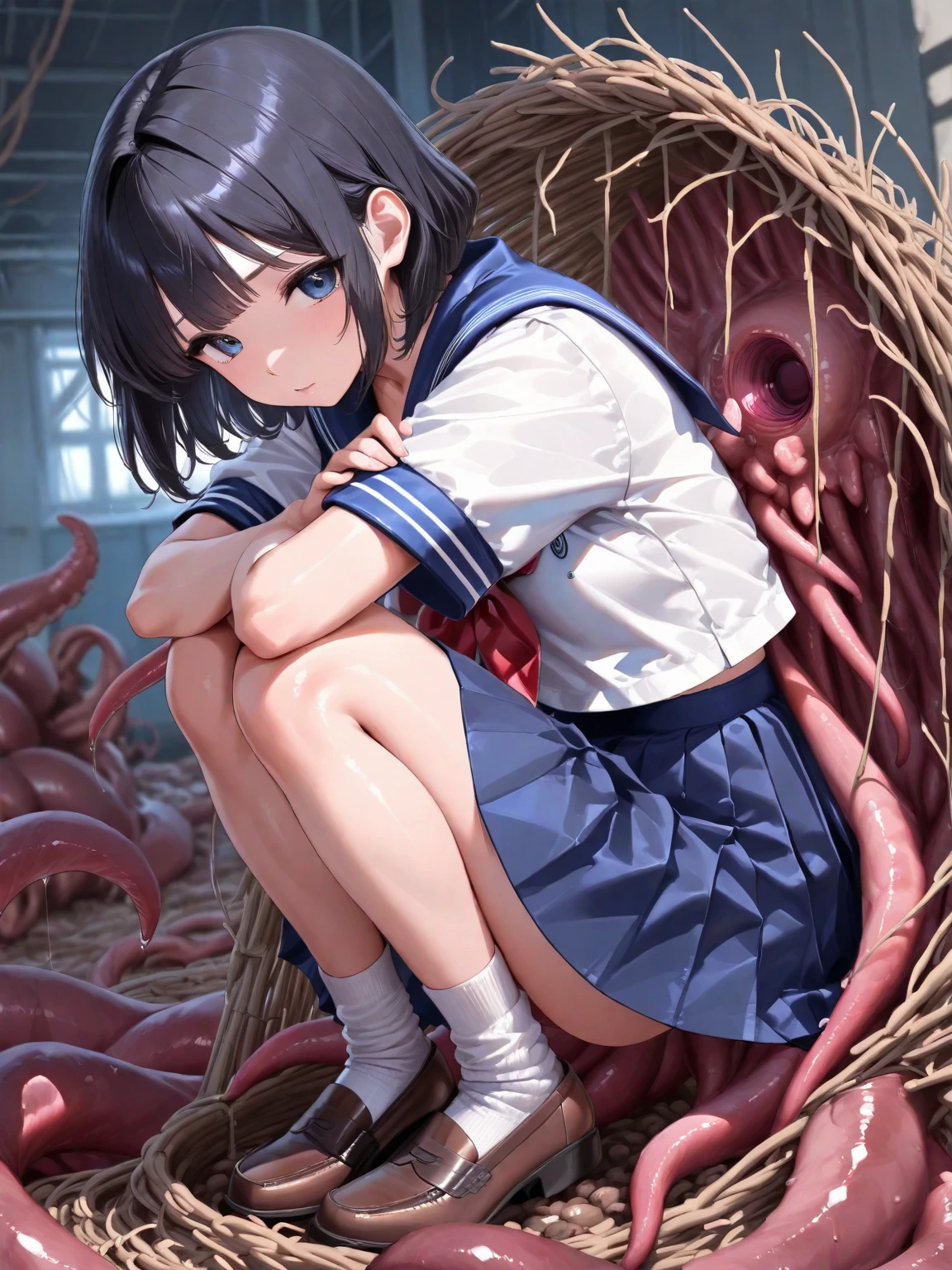 Tentacles,Vaginal insertion,Tentacles挿入,Completely naked,One Woman,Hime cut,Deformed Character,Completely nakedで校庭に立つ女性,Japanese schoolgirl,loose socks,loafers,Long scarf,4 heads,Flat Chest