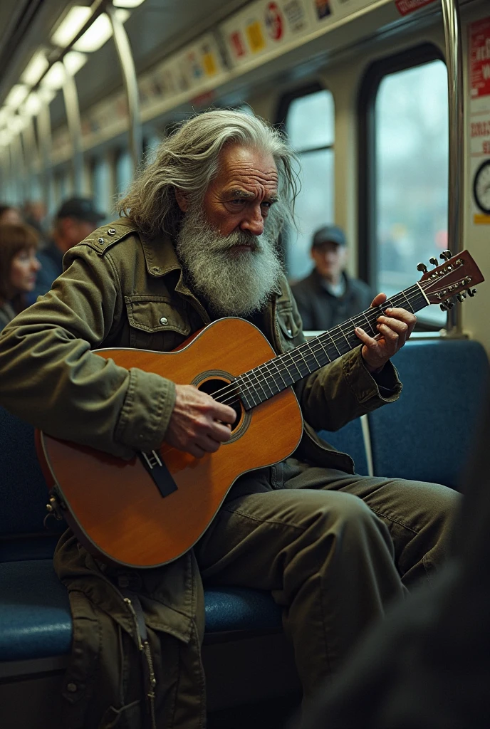 ((cuerpo completo))) (((acuarela Ghibli))), 60-year-old man with winter clothing glasses and short white beard, tocar la guitarra, sitting in a drawer, in a dark alley of the city, baja luz, 32 mil,