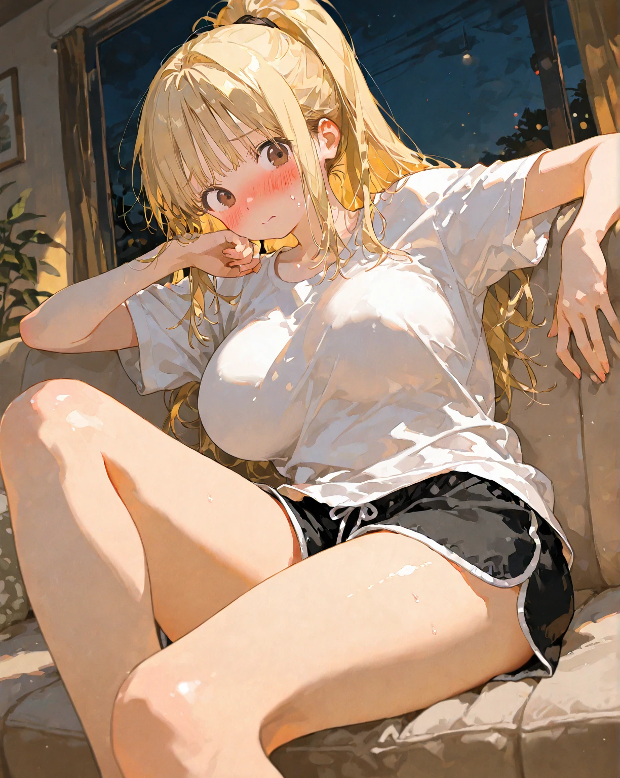 masterpiece, best quality, ultra detailed,1 girl , long hair, twin tails, tanned gal, sitting, spread legs, camel toe, panties,