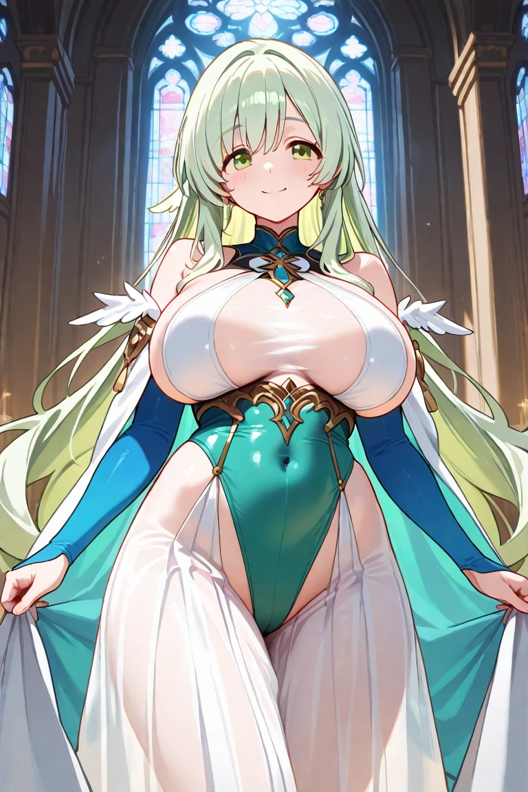 8k, RAW photo, best quality, masterpiece:1.2, 1girl,solo, curvy, blonde hair, blue eyes, blush, smile, :D,huge breasts, cleavage, breasts out, open clothes, nsfw, long hair, looking at viewer, green and white dress, white gloves, vert_/neptune series/:1.3 1boy, 1girl, (((vulgarity))), (cowgirl position), sit astride, (girl on top), (straddling), hetero, trembling, humid, nipples, ass pov, (sex), penis, large penis, vaginal penis, pussy cum, pussy juice, sweat, (spoken heart), breast focus,