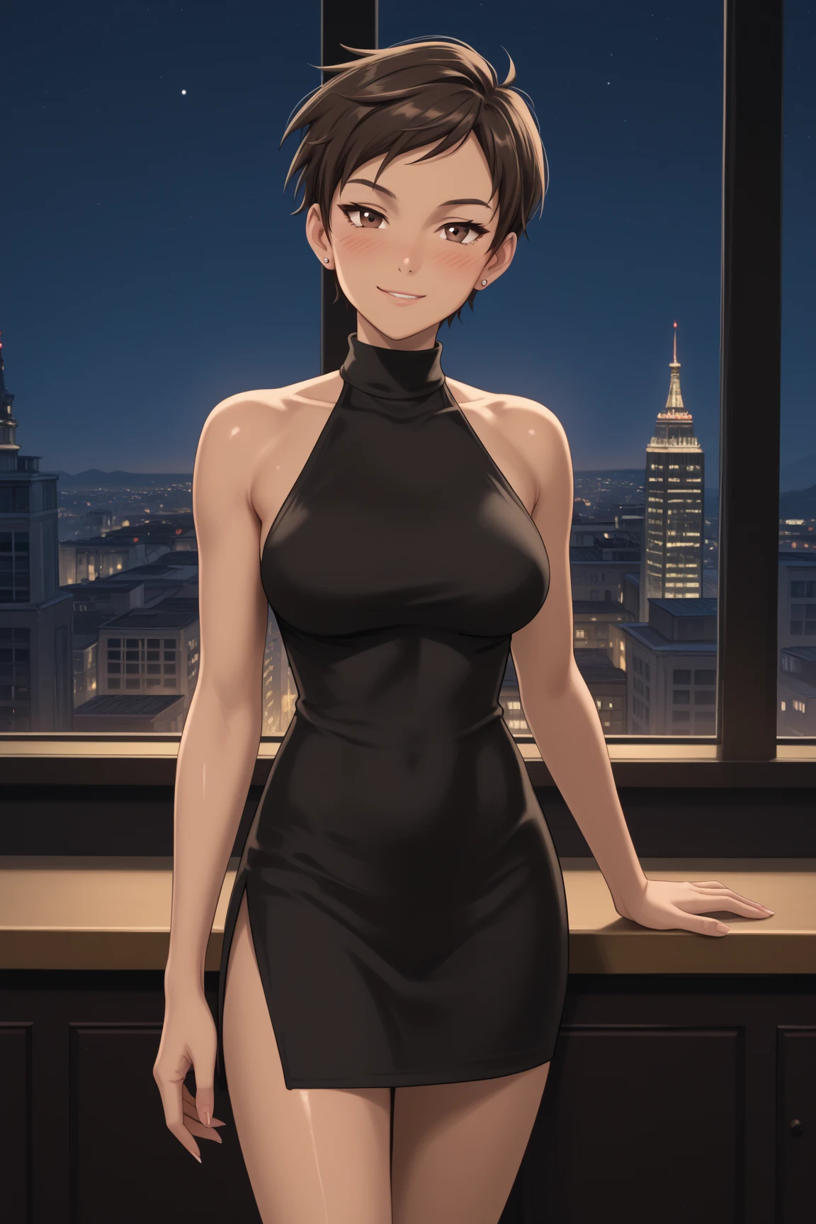 (best quality,4K,8k,high resolution,masterpiece:1.2),Super detailed,Practical,photoPractical:1.37,full-body photo,gold square glasses,City street background,Blue Background,Blue foreground,Depth of Field,From the right,Looking at the audience,blush,lipstick,Delicate earrings,Knee-length low-cut cocktail dress,a woman standing at a street corner,black stockings,High collar and black belt,city lights,lamp,Motion Blur,at night,decorate