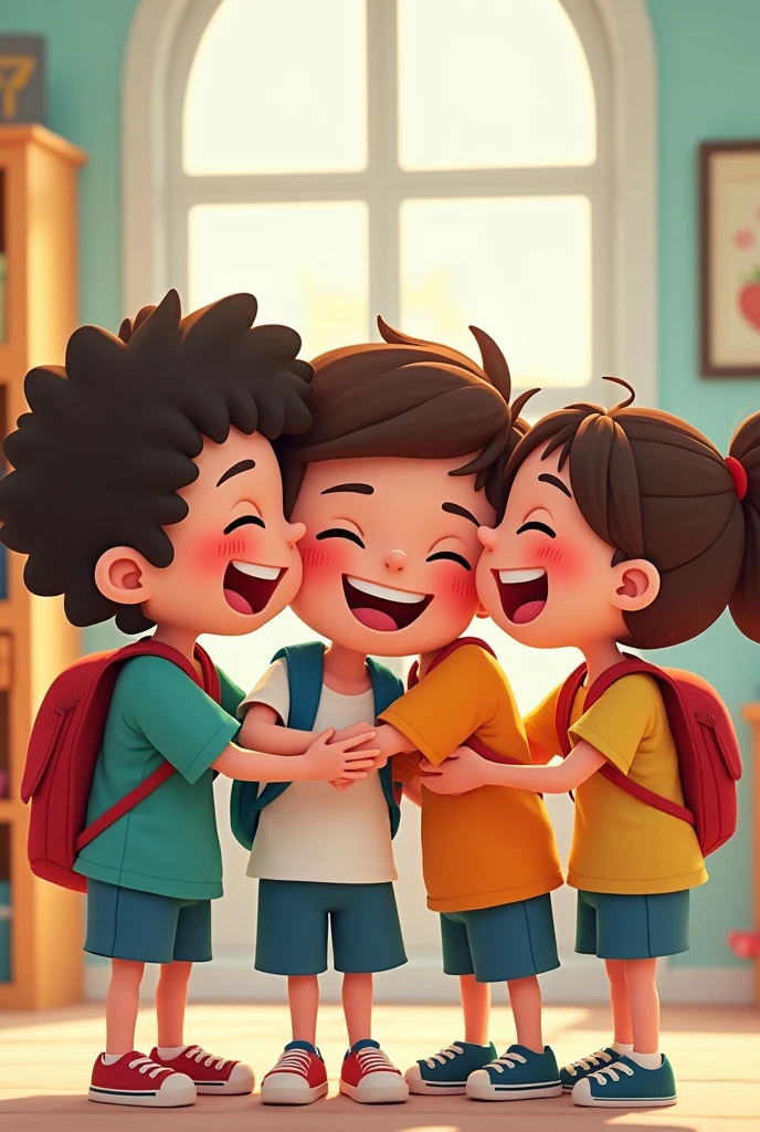 illustration, 8 year old boy, hugging his classmates