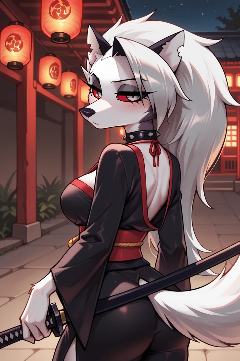 amaterasu (okami), wolf face, blue eyes, anthro, anthrofied, leather clothing, black nose, clothed, clothing, female, fully clothed, fur, hair, inner ear fluff, long hair, looking at viewer, solo, tuft, white body, white fur, white hair, muscular belly, muscular arm, profil , big breast