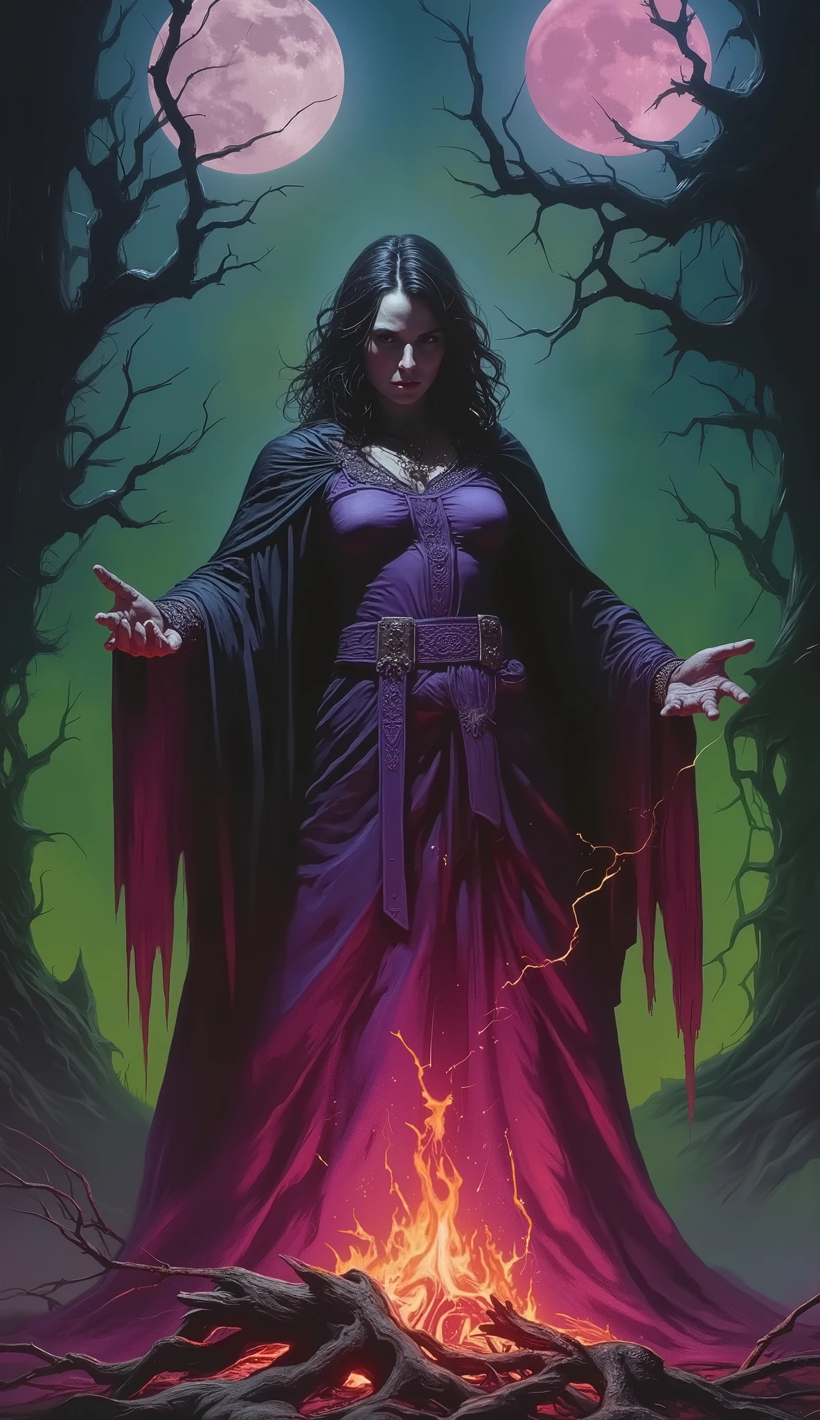 A dark fantasy theme of a female Dark Witch woman in medieval dress, on forest dark spell, in dynamic pose, twin moon in sky, bonfire. Glowing purple green and pink background lighting.