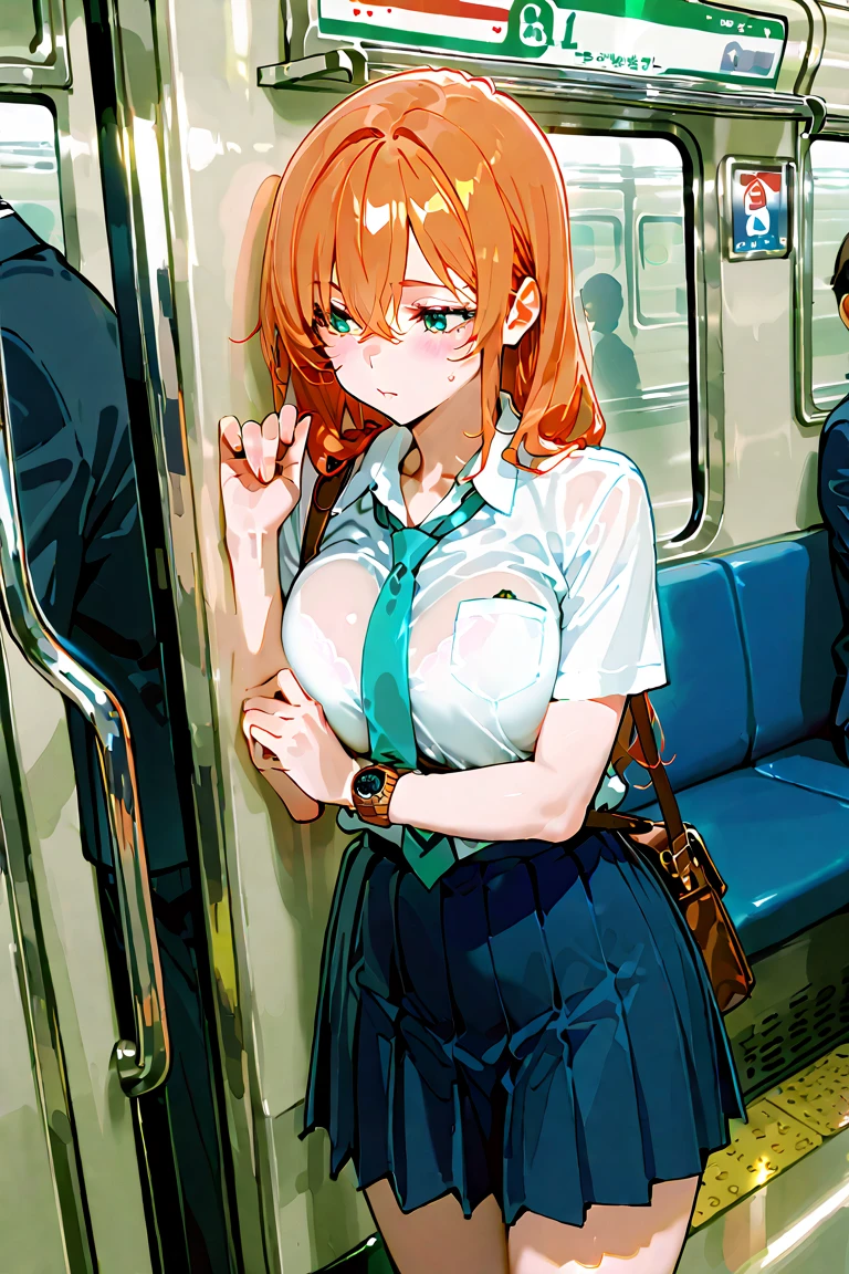 debris flieasterpiece、highest quality、Super detailed、High resolution、High resolution、8K portrait、Unity 8k壁紙のHigh resolutionCG、unity 8k wallpaper、cute:1.5、:1.5、Highly detailed CG unity 8k wallpaper、realistic、real person、cute、 portrait photography、shiny skin、High resolution、Orange Bob Hair、(16 years old:1.2)、(1 girl)、(Inside the train:1.6)、(school uniform),perfect face, seriously, (blush:1.5),(((clothing lift:1.5))), (medium chest:0.8),(((I have nipples))), Detailed description vagina,show vagina,spread legs,spread ,((vaginal orgasm:1.5)),,((leaning forward:1.5)),((green ribbon:1.2))