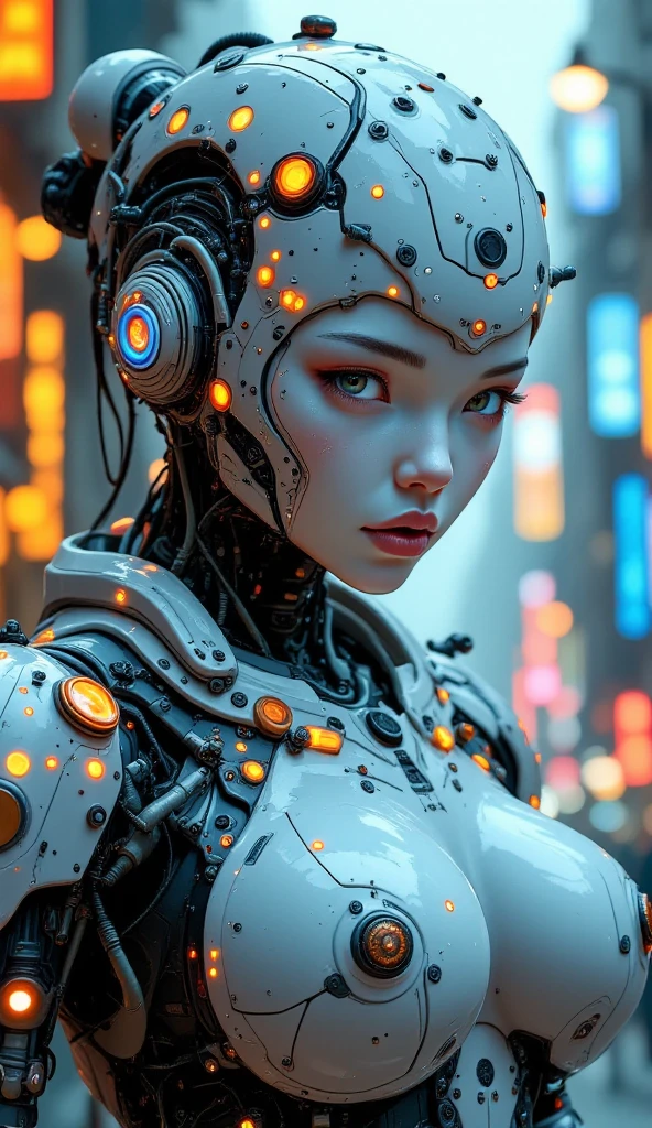 ((best quality)), ((masterpiece)), ((realistic,digital art)), (hyper detailed),female Cyberpunk Couturier, , Golden age, Voluminous, Latin American, Light blue eyes, Round Cheeks, Sloping Forehead, , Dark Brown French twist hair, Pity, Solar-powered Radiance, Character basks in sunlight with arms outstretched, absorbing solar energy through integrated panels, wearing Neural Silk Cargo Pants, Cashmere Tie-dye RustRed Augmented Reality Hoodie, , , , Cybernetic Extension, Character extends a cybernetic limb or appendage, showcasing its capabilities. ,scifi, realistic, nose, cyborg, octane rendering, raytracing, volumetric lighting, Backlit,Rim Lighting, 8K, HDR, <lora:Digital_Madness:0.8>