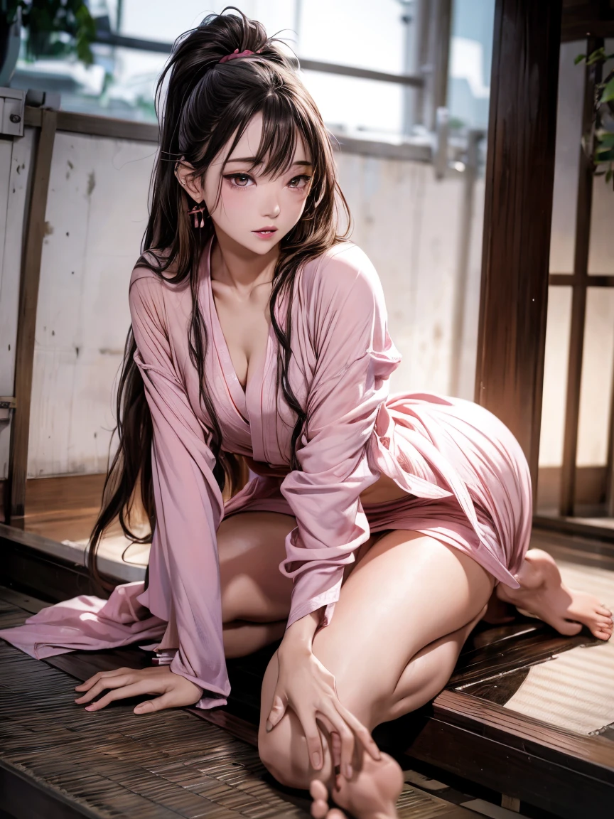 The art depicts a charming woman dressed in a flowing, silky nightgown, pink, decorated with intricate patterns and bright colors. Her panties can be seen through her nightgown. Her dress drapes elegantly over her curvy figure, accentuating her seductive silhouette. She stood gracefully in the quiet moonlit night, bathed in the soft glow of the moonlight. The scene exudes an ethereal and dreamy atmosphere, with a touch of mystery and sexiness. The graphic style blends watercolor and digital illustration techniques to evoke a refined beauty and charm. The lights are filled with soft moonlight, casting soft highlights and shadows on her charming features. Bare thighs, big breasts, three-dimensional facial features. Another woman is hugging and kissing her. The other woman is dressing as a office worker and has long straight hair. Lesbian, kiss, girls kissing, lesbian kiss, wet