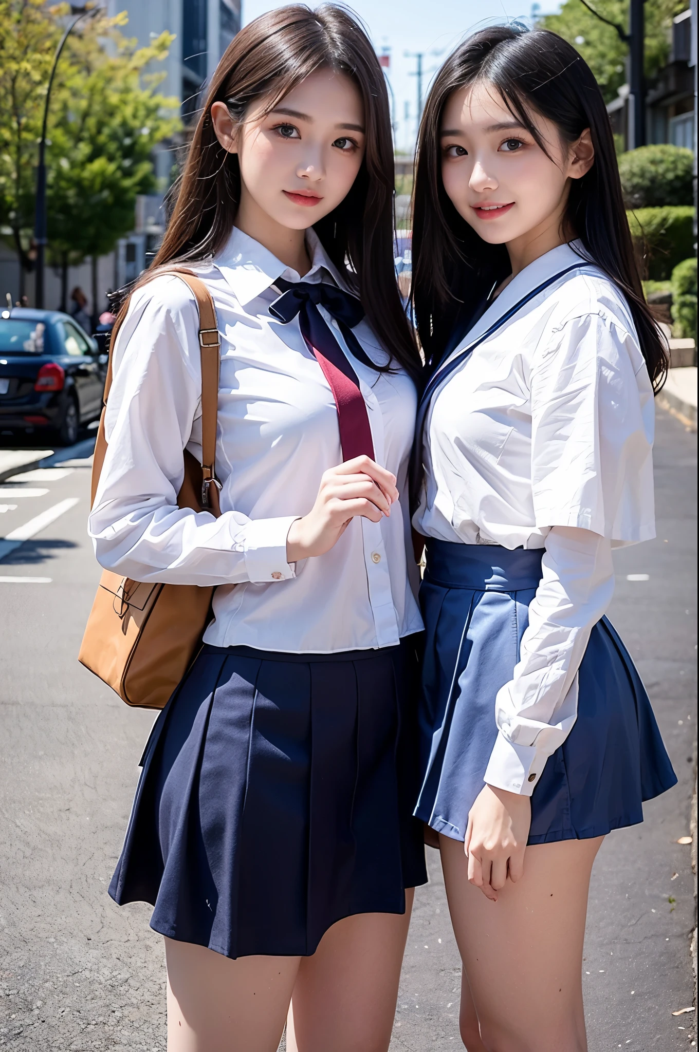 ((school uniform)),ribbon at neck,(school uniform and ((navy skirt)) and white shirt:1.1), Skin color, big , smile, (8k, RAW Photos, Highest quality, masterpiece:1.2), masterpiece, super detailed, super high quality, (Realistic and Realistic photography:1. 37), High-resolution RAW color photos, Very delicate and beautiful, highly detailed, 8k壁紙, wonderful, detailed, Very eye, very detailed, very detailed skin, very thin fingers, very detailed nose, very detailed mouth, Perfect Anatomy, Upper Body, studio, Soft lighting, A full-body shot of a cute idol wearing a one-piece swimsuit, Playful pose, Hands on hips, smile, Pastel Background, Realistic, Attention to detail, studio photography