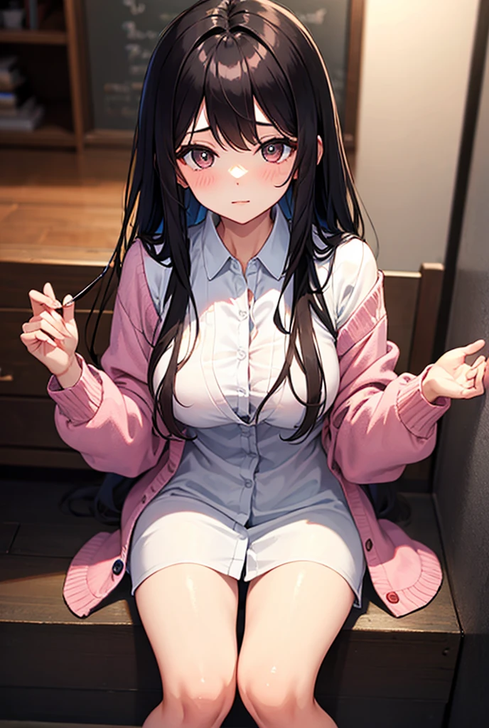 top-quality、One girl、Black-haired、Twin-tailed、Red Eyes、Pink blush color under the eyes、:.1.2、Red cheeks、Opening Mouth、校服、Pink Cardigan 1.2、Black miniskirt、White underwear、seductive boobs:1.3、Emphasis on the chest、Dark blue long socks、skinny thigh、Hotel Bets、laying on back:1.5、sprawl:1.7、View here、Angle from diagonally above、Background blur