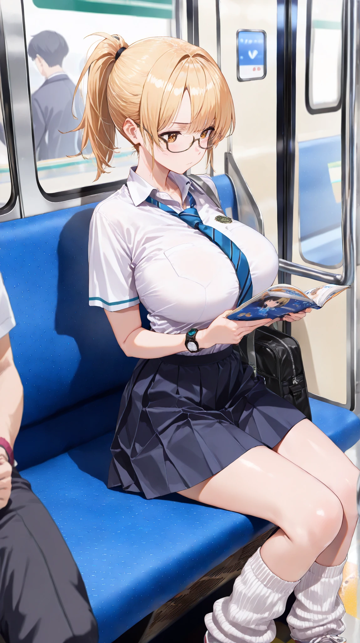 (masterpiece, Highest Quality, fully completed :1.4), 1girl, Inside the subway、and the train is parked on a subway platform、(blonde gal)、Short Hair、ponytail、glasses、Big Breasts、Summer uniform、Loosen your tie a little、loose socks、sitting in a seat、A female high school student concentrating her attention and reading a textbook、