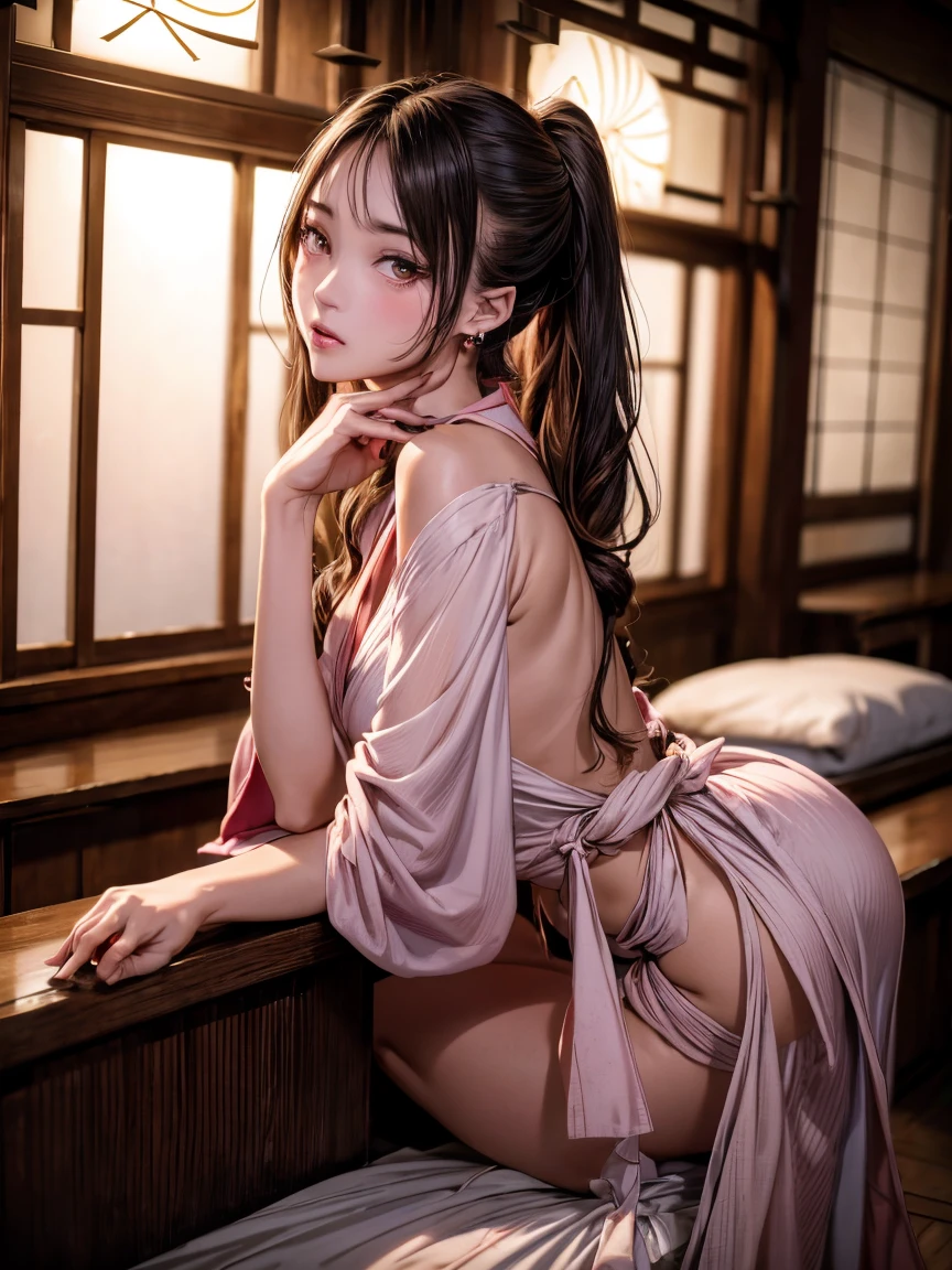 Masterpiece, intricate detail, 8k, hires, ultra detailed, extremely delicate and beautiful, Best quality,
, best picture quality, high quality, 4k, long hair pink, japanese woman , singing, crying, clise eyes, y pose, japan kimono showing black panngerie, sleeping and open legs on white carpet, low light background, bokeh, low angle camera