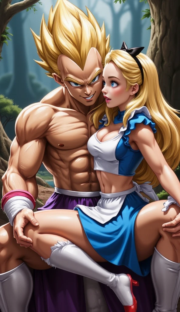 Goku, Girl, sexy, mujer Goku, dragon ball z character, sexy, detailed body, with very marked tight orange Dogi and a very voluptuous body having sex with the male member