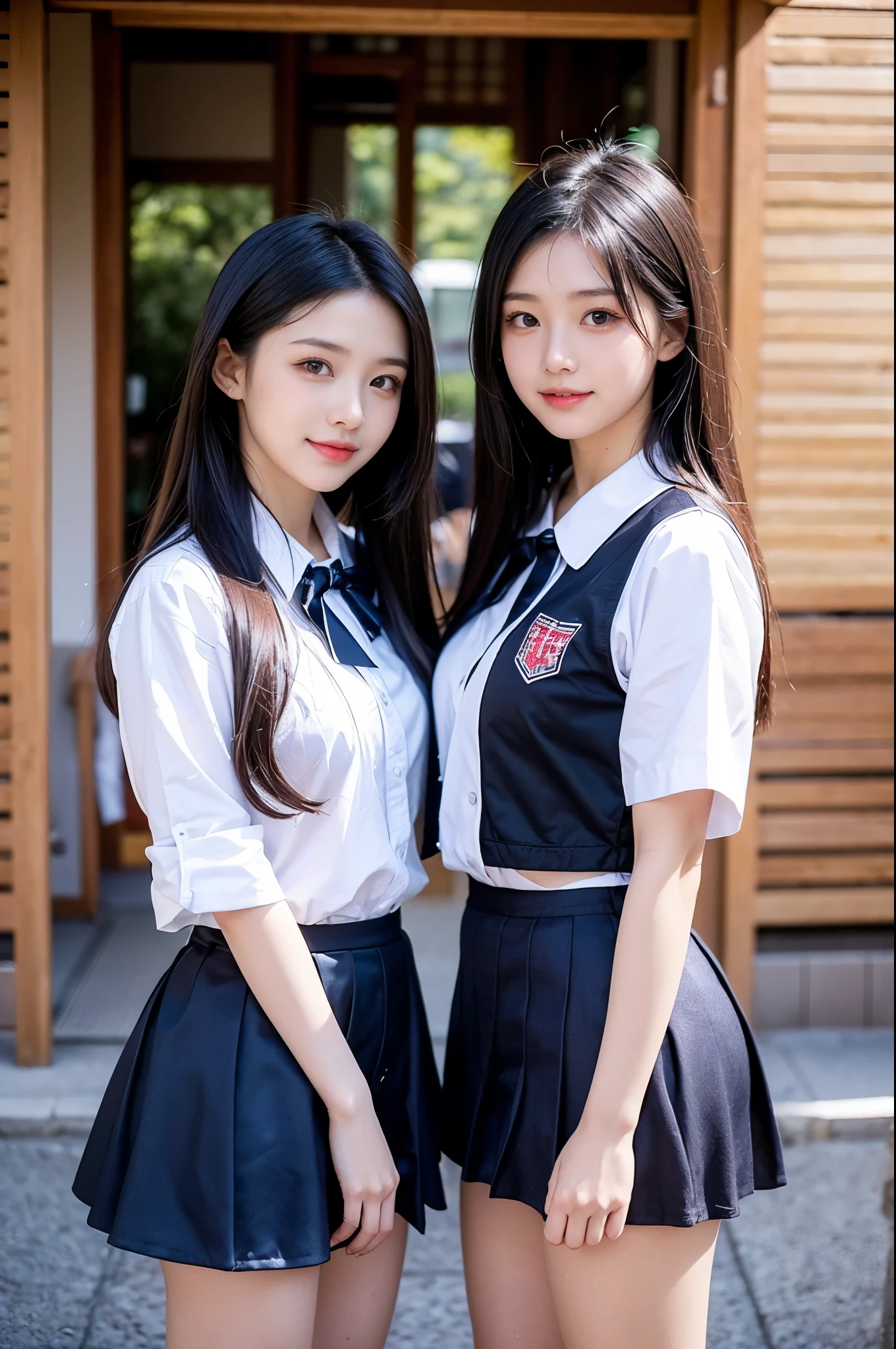 Two girls (18 years old, Japanese pretty face) are wearing high school uniforms with mini skirt on Spring sunny day.