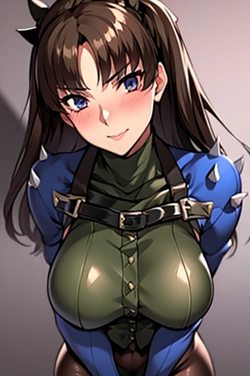 (masterpiece), (high quality), (2 girls), Rin Tohsaka, Makoto Niijima, big breasts, , cleavage, mischievous smile, tight stockings, looking at viewer, keeping eye contact, precise hands, seductive pose, light blush