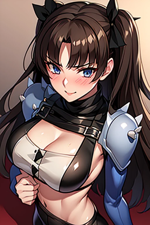 masterpiece,best quality,kim_kwang_hyun, 1girl, yatsen, light Brown hair, solo, schrunchie Ruby in hair, Ruby schrunchie, busty , huge breasts, looking at viewer, navy-blue eyes, light Brown hair, bangs, large huge breasts, long sleeves, dress, cleavage, closed mouth, Long weapon((Spear)), puffy sleeves, arm up, clothing cutout, copyright name, blue dress, cleavage cutout, juliet sleeves , power armor, shoulder armor, Ruby schrunchie, light Brown hair, smirk, navy-blue eyes, angry eyes, grin