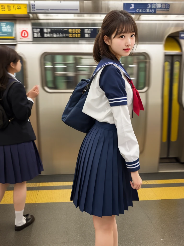 (8k, RAW photo, best quality, masterpiece:1.2), High detail RAW color photo, professional photograph, (realistic, photo realistic:1.37), ((best quality)),On the way to school, (((a beautiful and cute girl in a junior high stands on her tiptoes because of her short stature, and holds on to the straps of the train with her right arm stretched out straight:1.68))),((the girl is 13 years old)),feminine,((The girl is 138cm tall:1.37)), ((the girl is baby face)),(((the girl has small cute face))), ((big double eyelid eyes)), ((small cute nose)), ((slim waist)), ((small hip)), (looking at viewer:1.2),smooth hair, smooth skins, ((no manicure)), ((no maked up)), ((no accessary)),(the girl is wearing uniforms consisting of a white open-collar business shirt and a navy blue school skirt),((The girl is hanging on to the strap with her right hand)),