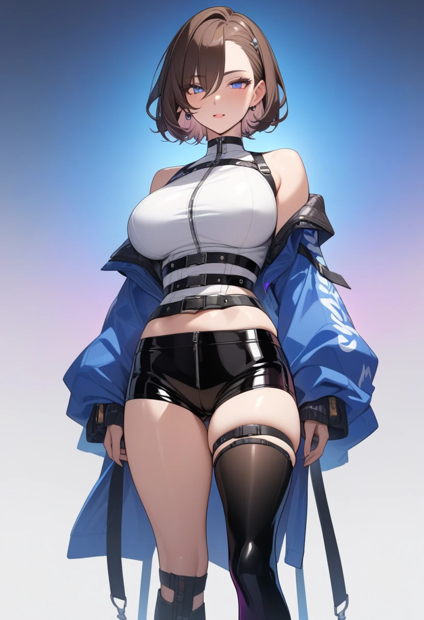 tracksuit, absurdres, RAW photo, extremely delicate and beautiful, masterpiece, Best Quality, ultra high resolution, 32k, hyperrealistic, ultra-detailed, perfect figure, tearful mole, earring, whole body shot, big breast, short medium hair, wavy hair, shorts, sleeveless,