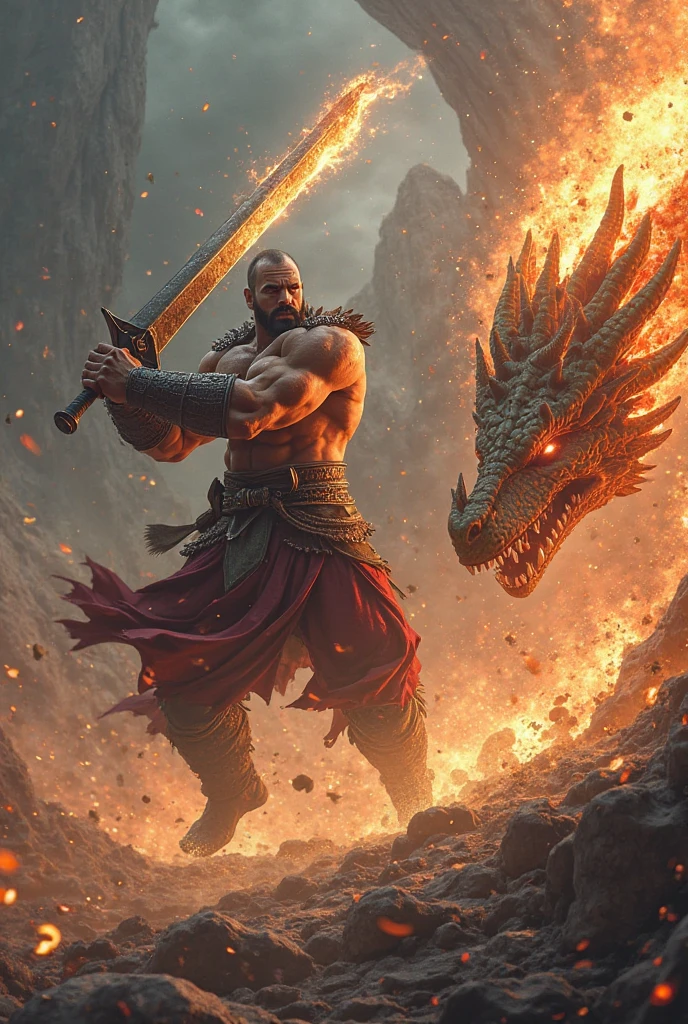 Warrior man with flaming sword cutting off the head of the serpent