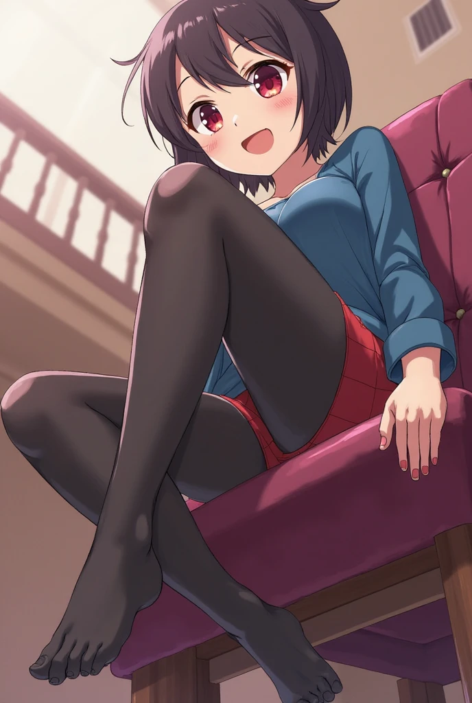 Beautiful detail background, (8K quality), (Ultra High Definition: 1.2), Masterpiece, Best Quality, High Resolution, Illustration, Makoto Shinkai Style, Your Name is Movie Style, (1 Women: 1.3), (Solo: 1.4), Short Bob, Seated, Beautiful Shining Eyes, Hairpins, Hair Ornaments, Big, Big Side, Short Bob, Red Face, Happy, Smile, black_pantyhose, High Heels, princess dress, (crossing your legs on a red sofa: 1.2), the sole of the shoe, from below, from the front, fingering, dynamic perspective,