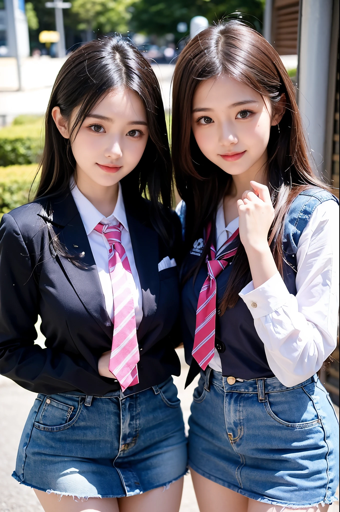 Two girls (18 years old, Japanese pretty face) are wearing high school uniforms with mini skirt on Spring sunny day.