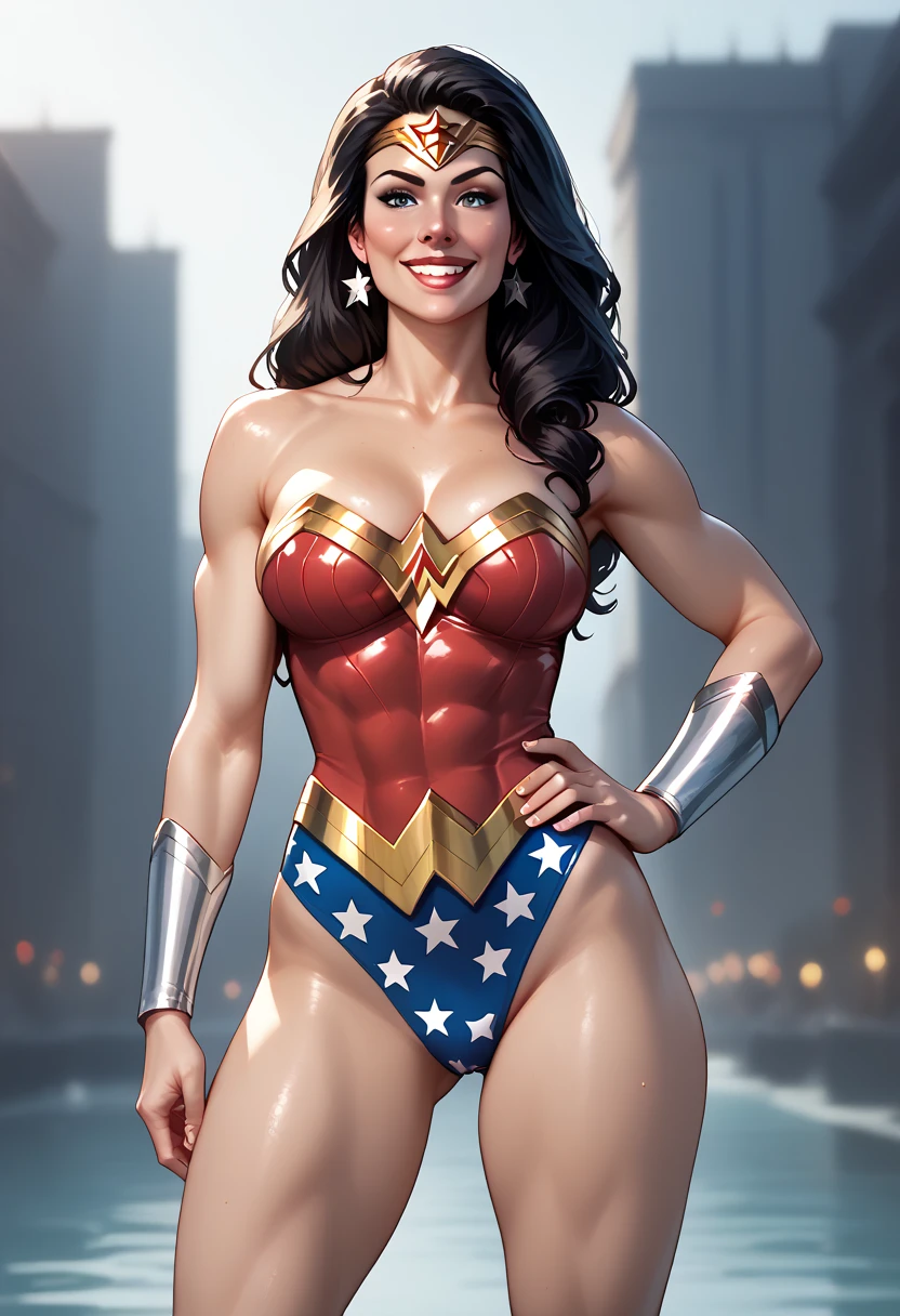 ((top quality)), (8k, RAW photo, best quality, masterpiece:1.2), (realistic, photo-realistic:1.4), (Victoria's Secret Model Wonder Woman), Wonder Woman, 1girl, single, solo, solo, full body, from side, facing the viewer, fighting stance, (clenching fists), serious, parted lips, (intricate details, makeup), (delicate and beautiful delicate face, delicate and beautiful delicate eyes, face with perfect proportions), (realistic moist skin: 0.5), (drenched body: 0.9), (wet skin), wet hair, high-detail skin, delicate skin, best proportions four fingers and one thumb, strong and realistic blue eyes, realistic black hair, lips, makeup, natural skin texture, tiara, leotard, bulletproof cuffs, red boots, (public clothing:1.3), slightly sunburned skin tone, mature, sexy, elastic muscles, (muscles:1.2), ((strong and healthy body)), ((((more) muscles))), long legs, curves, thick thighs, wide buttocks, thin legs, (big breasts: 1.2), thin waist, soft waist, (delicate skin), (beautiful and sexy woman), (swollen lips:0.9), (eyelashes:1.2), very delicate muscle definition, cityscape, night, rain, ((wet)), professional lighting, photon mapping, radiosity, physically-based rending, detailed background, (storm cloud:0.7), (stormy weather:0.5),