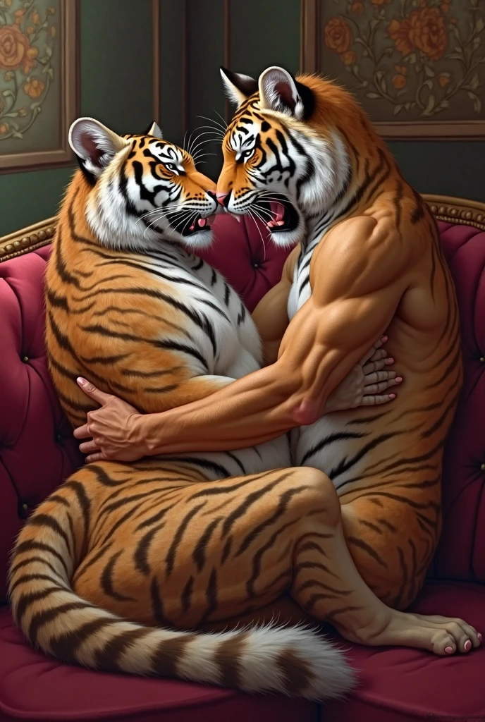 (by feralise, by taran fiddler) male, two tiger, two characters (a big tiger and a short tiger)(size difference), rubbing belly (touching belly:1.3), wearing spiked collar, showing off belly, athletic body ((correct anatomy:1.3)), round bloated belly (with some muscle), muscle gut, bulge, black thong underwear, bedroom enviroment (bed)