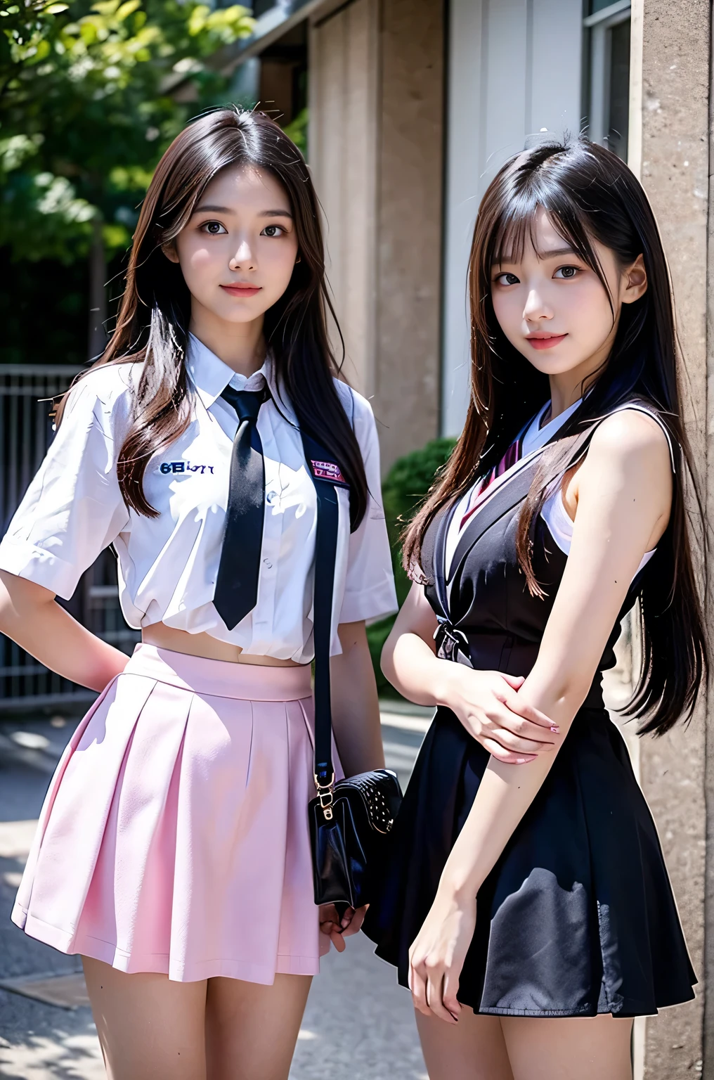 Two girls (18 years old, Japanese pretty face) are wearing high school uniforms with mini skirt on Spring sunny day.