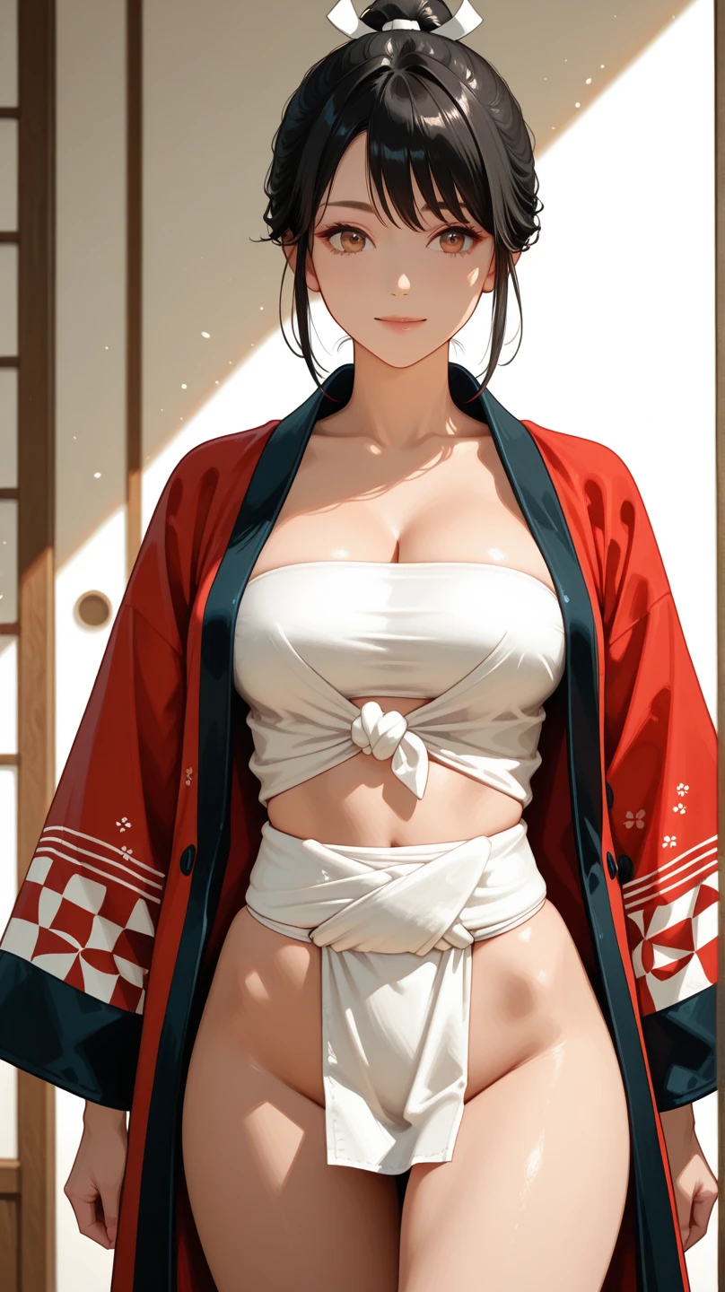 ((best quality)), ((masterpiece)), (detailed), muscular-chubby Japanese girl in short size kimono ,sweaty , with medium size boobs , black hair and green eyes touching her boob and pussy