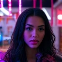 HD, high quality, city, analogic, film, nocturn, neon, lights, sexy female model, perfect face, fog, black and purple
