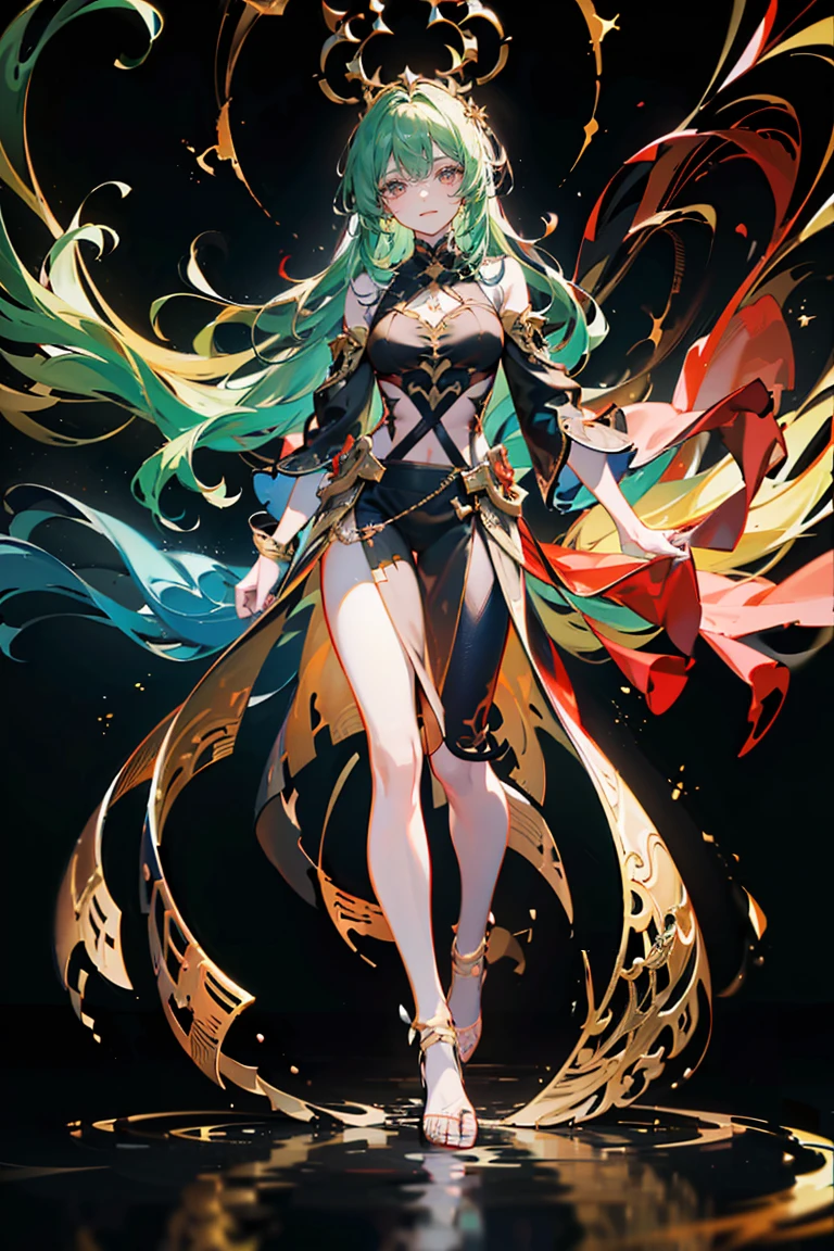 best details, best quality, 16k, [ultra detailed], masterpiece, best quality, (extremely detailed), full body, ultra wide shot, photorealistic, fantasy art, dnd art, rpg art, realistic art, an ultra wide picture of a exotic, exquisite beautiful woman wearing ((black Cheongsam with lively vivid flowers, the flowers grow from the Cheongsam to be alive : 1.5), she wears, (knee high laces heel boots: 1.2), (light green hair: 1.2), long hair, wavy hair, pale skin, (deep blue eyes, Intense gaze: 1.2), fantasy druid grove background, dynamic background, high details, best quality, highres, ultra wide angle