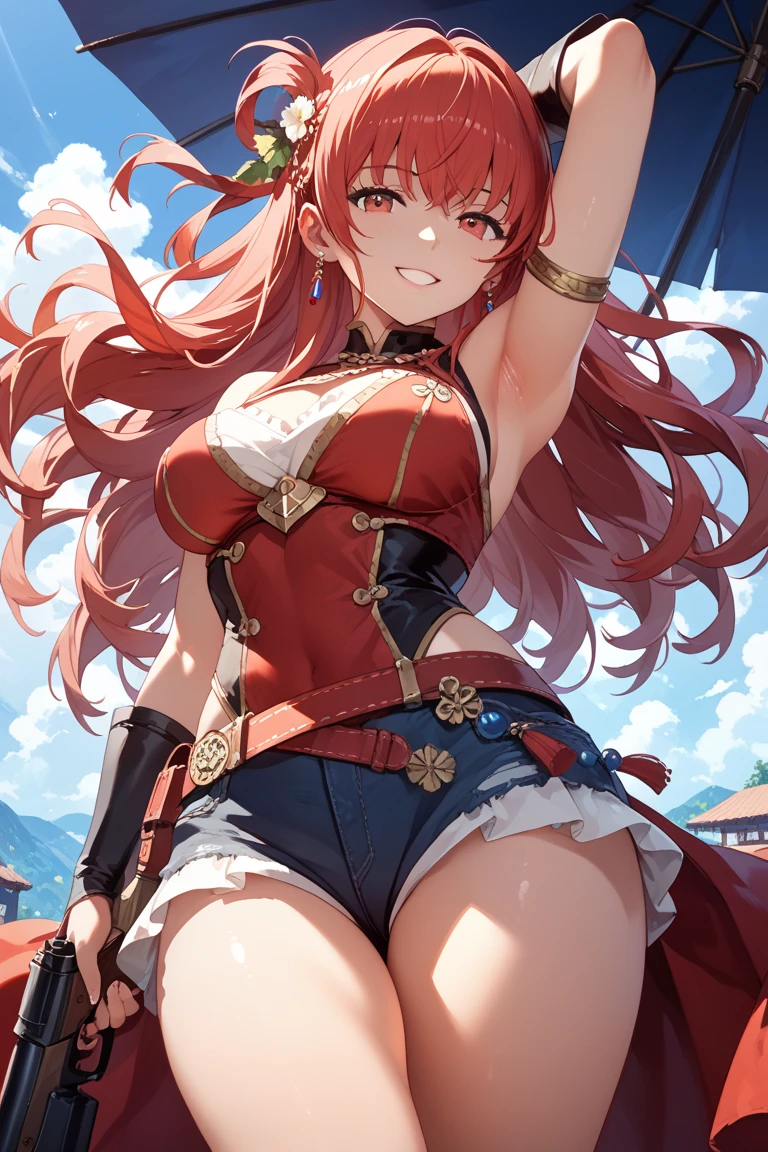 giant girl 50,0000000 feet tall,,Have a pair of long legs,Possessing a pair of huge blood-red demon wings,And a pair of blood-red devilish eyes,Have waist-length black hair,loose hair, Wearing a pair of curly hair in high heels,Holding a demonic sword,A look of pleasure,Standing in a small town crowded with people, wantonly destroying them,It seems like an invincible existence