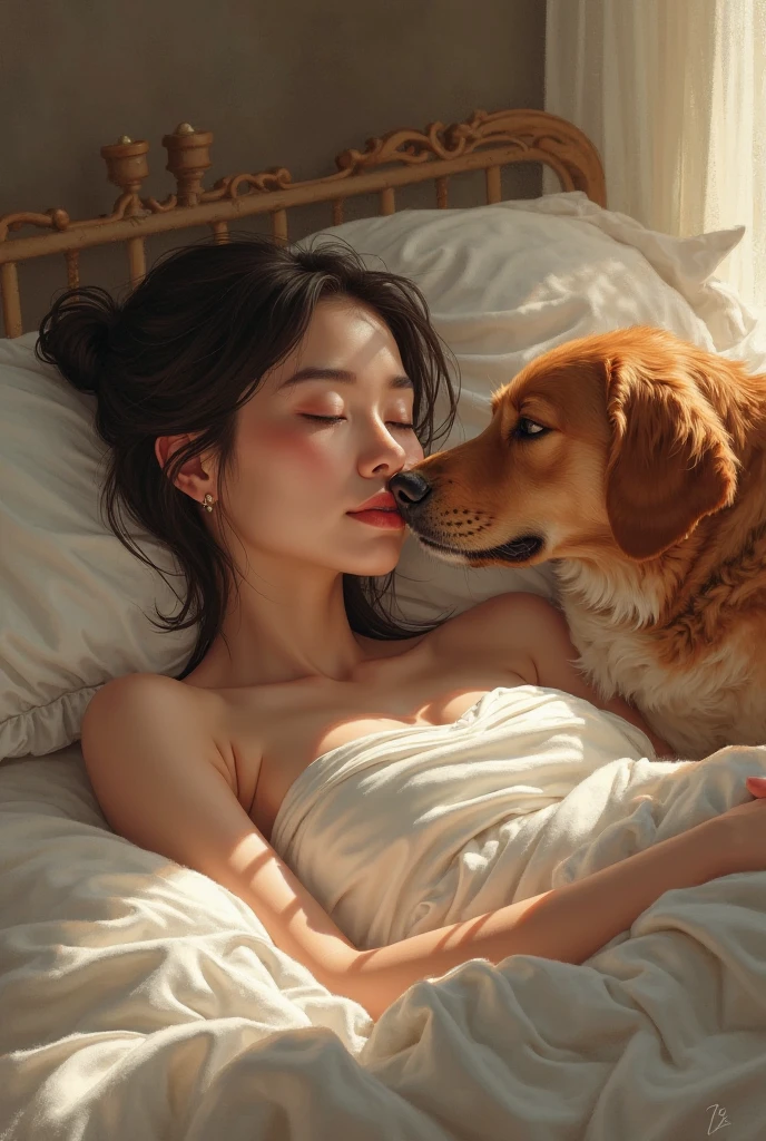 A woman lies on a cloth, In a relaxed and natural pose. She is completely naked, with its smooth, unadorned skin. Try to partially cover yourself with a light cloth., that lets you see parts of your body. at your side, Your faithful dog is lying down, Licking his stomach calmly. The woman and her dog share a moment of intimacy and calm, surrounded by a serene and peaceful environment. The soft, warm light highlights the natural beauty of the scene.
