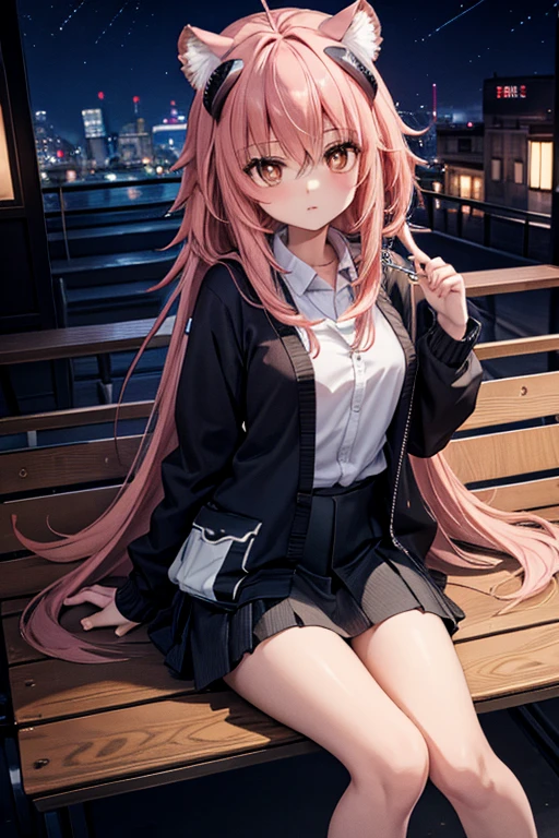 (Highest quality:1.2, Anime artwork, Anime Style, Studio Anime, Very detailed, up to date, Vibrant, Anime Coloring, High Contrast, masterpiece:1.2, Highest quality, Best aesthetics), Blue plaid pleated skirt:1.5, Red tie:1.5, Black blazer, (Private School Uniforms), Beautiful thighs, loose socks, Gradient Hair, Long hair braided low, Perfect body line, Skin with attention to detail, cute, Detailed face, Sitting, Open your hands, alley, stage, Accurate Fingers, evening, Illuminated by the setting sun, Soft lighting,