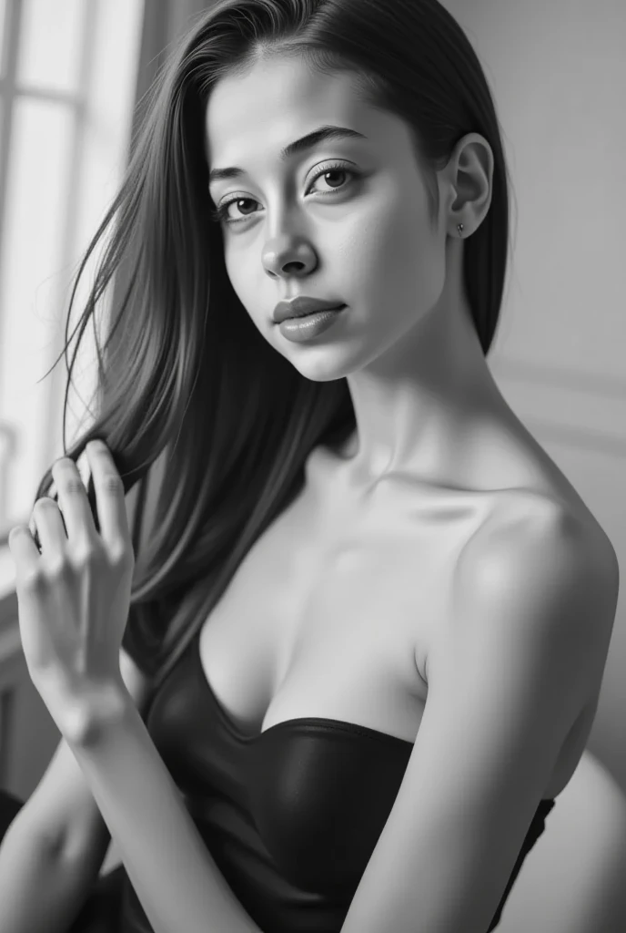 Tabletop, Highest quality, Realistic, Very detailed, finely, High resolution, 8k wallpaper, RAW Photos, Professional, High level of detail, (((Black and white photography))), 1 Girl, (look forward to), Upper Body, Long Hair, Shapely small breasts, Perfect Face, (((Only lips red))), (Looking into the camera), (From below)