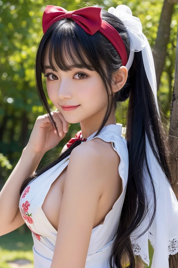 all fours, from below,realistic photo,truly cute girl ,japanese 20 years old girl,very sexy pose and cloths,japanese maiden shrine,wearing white garps,sleeveless wearing red extremely mini skirt,smiling at the viewer, neckline and cleavage and belly are clearly distinctive, big boobies ,sitting one the chair, spredding legs,crossing legs,braids hair