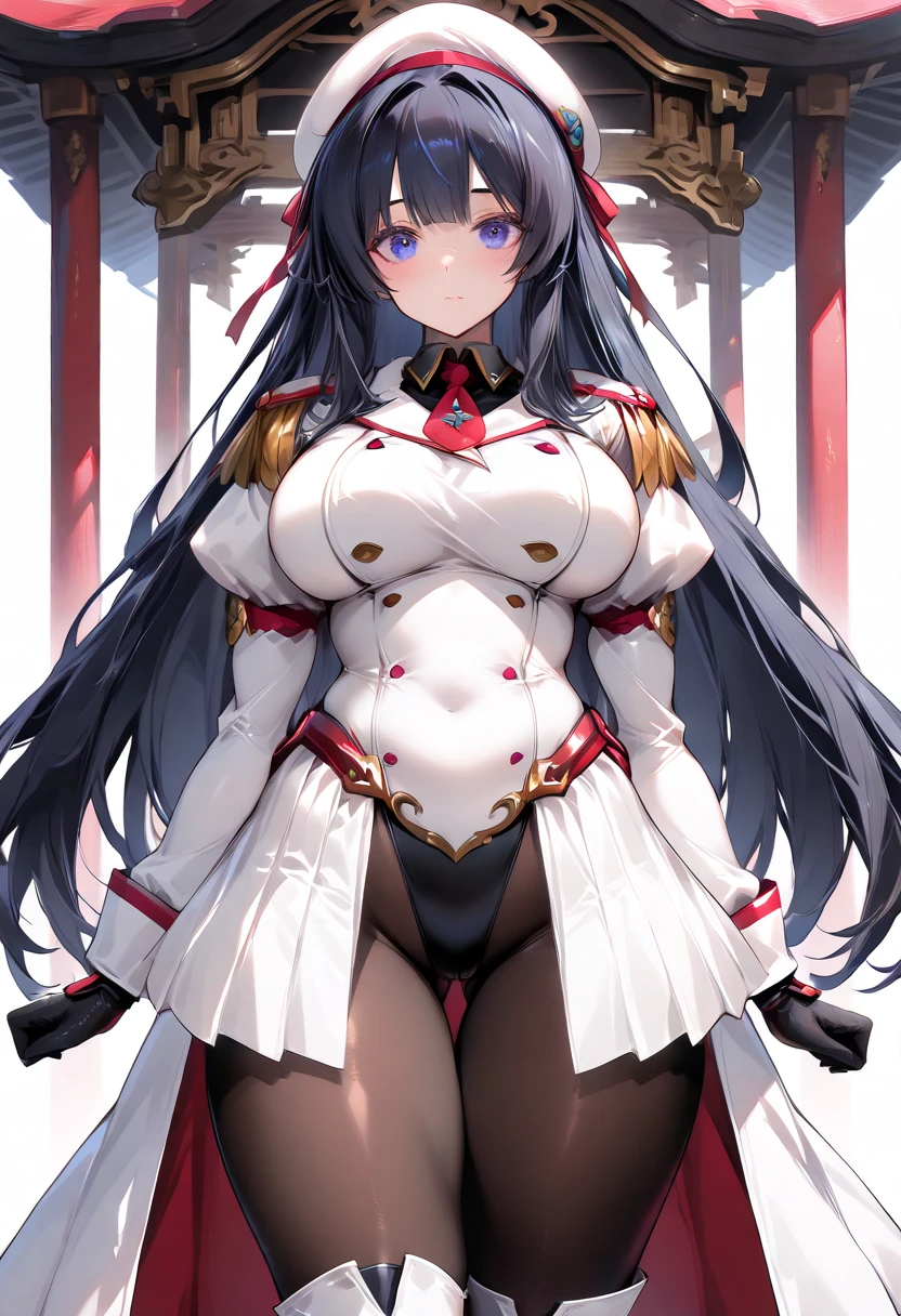 (Masterpiece:1.1), (satsuki kiryuin:1.2) (from kill la kill), (satsuki kiryuin costum:1.2), (thick thighs:1.2), (torn white high cut leotard:1.2), (pleated white skirt:1.1), (dark hair), (upskirt pov), (gold epaulets:1.1), (looking front:1.2), (detailed face and eyes:1.2), (DSLR photography), sharp focus, (cinematic lighting), 8K, RAW, unedited, symmetrical balance, (full body in-frame), symmetrical face, symmetrical body, symmetric hands, (huge breasts:1.2), (busty), (deep cleavage), (breasts bulge:1.3), (cameltoe:1.2).