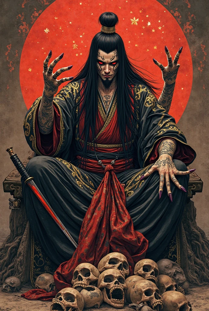 Masterpiece, Ultra-Detailed portrait, detailed illustration, high quality, high resolution 16k man in a crown sits on a throne with a sword, the great stokor king, lord of hell on the throne, The Medieval Old King, King Richard the Lionheart, the king of death, The King of Hell, Richard IV king of Rome, Sitting on the Iron Throne, Anato Finnstark!!, Robert De Niro as Medieval Joker, Jaime Lannister, cloud,colorful, ink