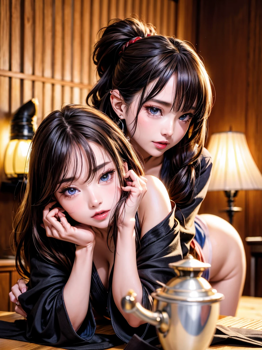 18 year old Emma Watson and Sarah Hyland, (((naked))), (((standing in a Japanese massage parlor))), shy, worried, hiding, ((face blushing)), (((hands between legs))), (minimal jewelry), choker, ((embarrassed pose)), (huddled together)