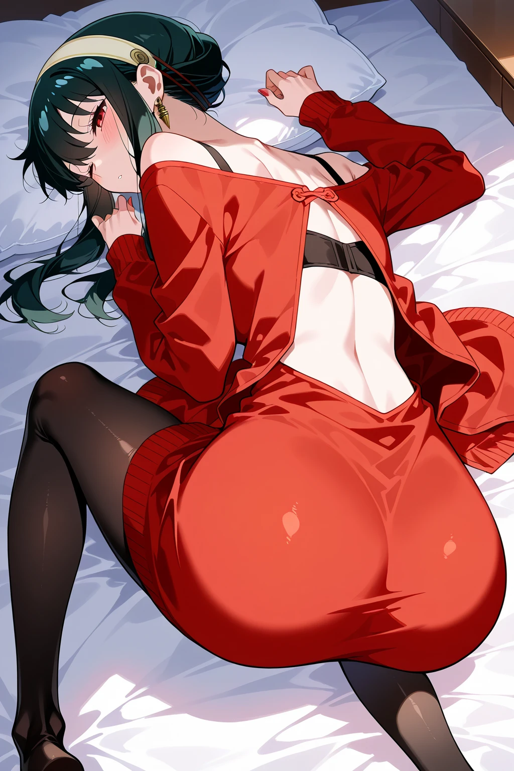 Nsfw, ((((Masterpiece)))), beautiful details, perfect focus, smooth 8K wallpaper, 4320p, high resolution, exquisite texture in every detail, perfect eyes very high detailed, perfect pupils, sclera_eyes_detail, eyes:1.2, human anatomy correct, pastel, hyper_detailed:1.5, (masterpiece), (picture-perfect:1.4), 8k, UHD, high_resolution, very_high_resolution, ((2d)), ((anime style 2d)), 1 woman, 27-year, solo, short-hair, breasts, looking at viewer, blush, smile, bangs, large breasts, black hair, red eyes, dress, bare shoulders, jewelry, ass, pantyhose, thighs, hairband, earrings, looking back, indoors, off shoulder, from behind, sweater, pillow, black pantyhose, window, bed, on bed, bent over, curtains, all fours, white hairband, ass focus, lamp, bedroom, sweater dress, off-shoulder sweater, red sweater, gold earrings, open vagina, Open anus, pussy.detailed, ((torn clothes:1.5)), well drawn and drawn hands, yor briar,anime,