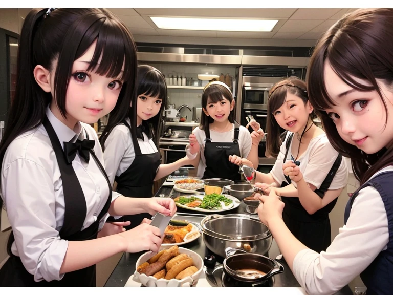 Located on the 180th floor of Shanghai Tower,Five delicate cute little girls with upturned asses,junior school student,Cook in an upscale open kitchen