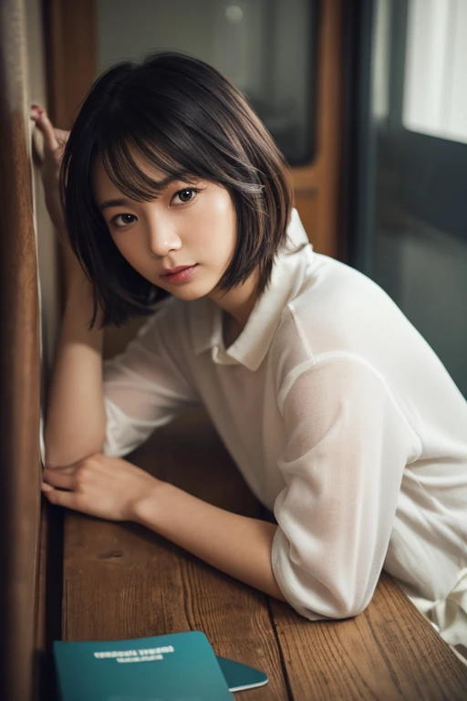 Highest quality, Soft Light, Ultra-high resolution, (Realistic:1.4), RAW Photos,
1 Japanese girl, alone, cute, (pupil, Light in your eyes),  Beautiful face in every detail, (Small box),(High resolution detail of human skin texture),
(short hair),
Damask Shirt Dress,
(Portraiture)