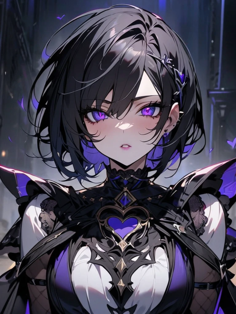 (masterpiece, best quality, detailed), portrait, tilted head, expressionless, closed mouth, simple background, 1girl, <lora:DraconicTech-15:0.6> draconictech, (victorian clothes), obsidian, <lora:GemTech-22:0.4> gemtech, internal reflections, inner details, (red gemstone), <lora:reze_v1:0.6> reze, (purple hair), BREAK green eyes, flowing hair, sleeveless,